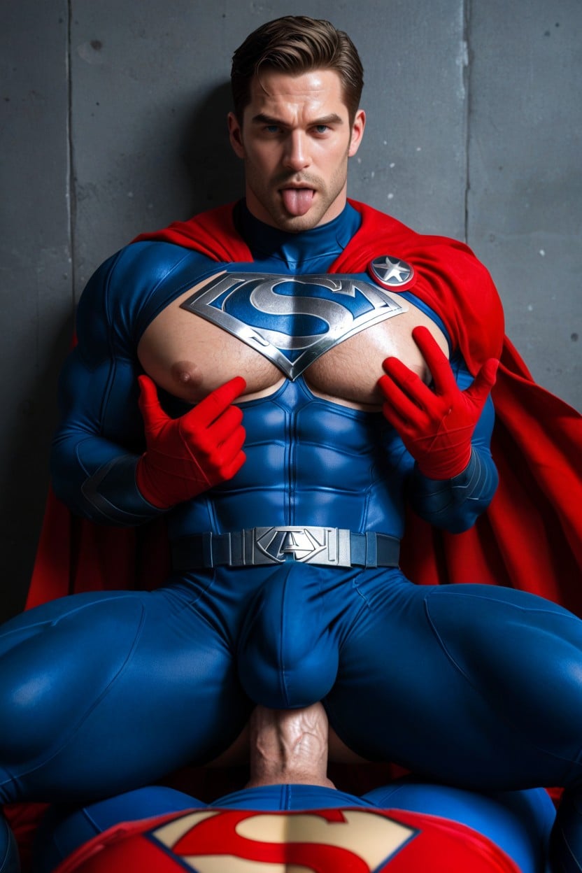 Red Thong, Pulling Nipple, Giant Dildo Penetrating Superman's Ass Porno IA Gay