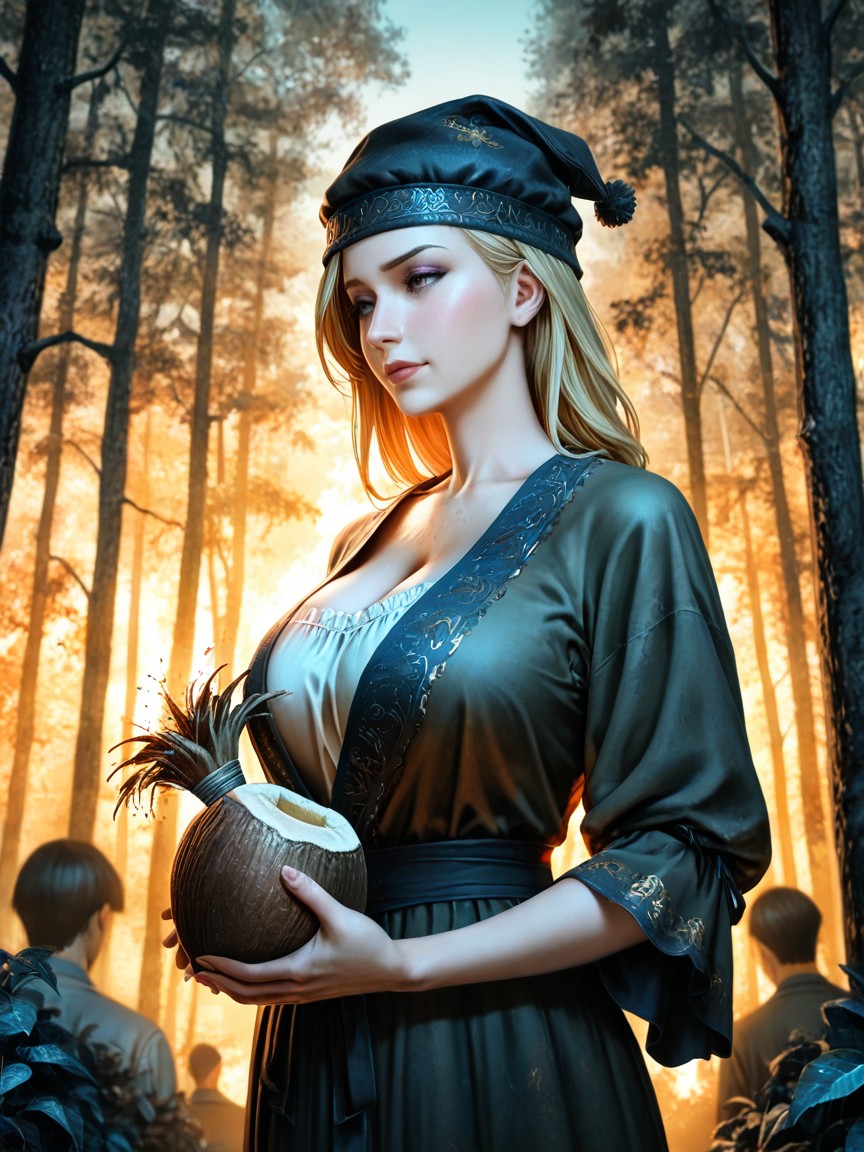Dusk, Servant Villager Carrying A Coconut In Each Hand, Side View AI Porn