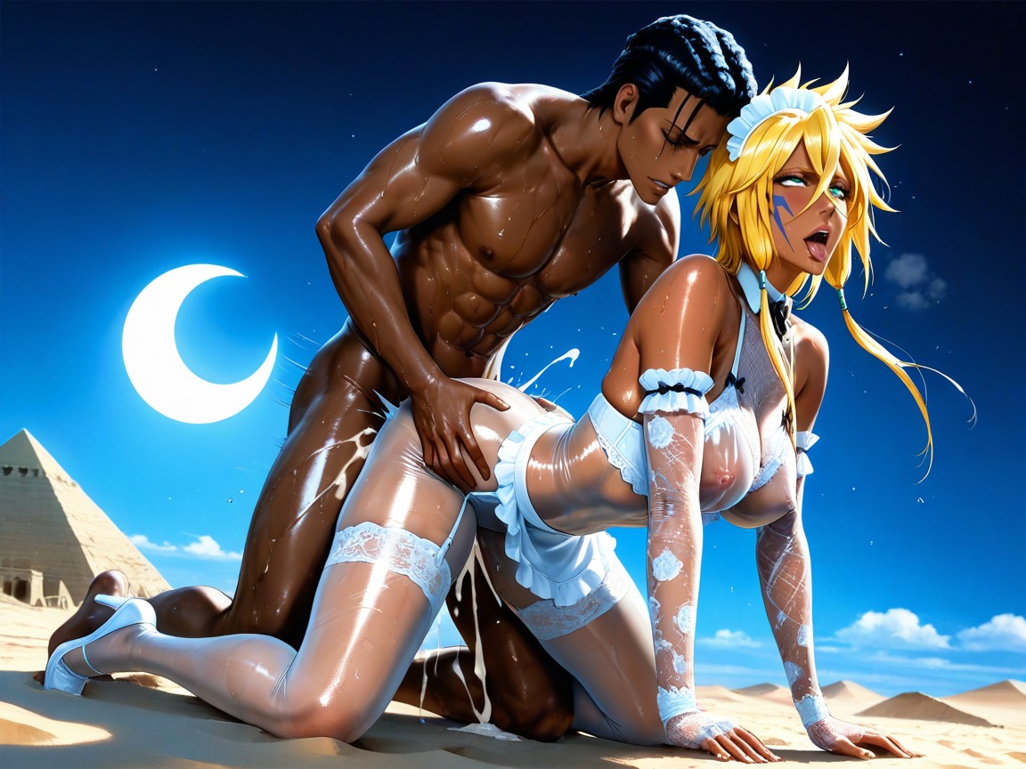 Pale Blue-white Sand Dunes, Grabbing Waist, Extremely Oiled Skin Hentai AI Porn