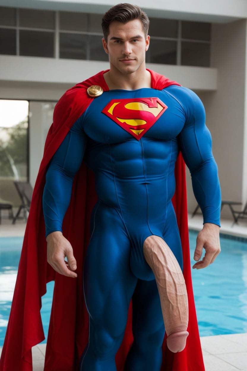 Extremely Muscular Smirking Man In Superman Costume, No Nudity, Vue De Face Porno IA Gay