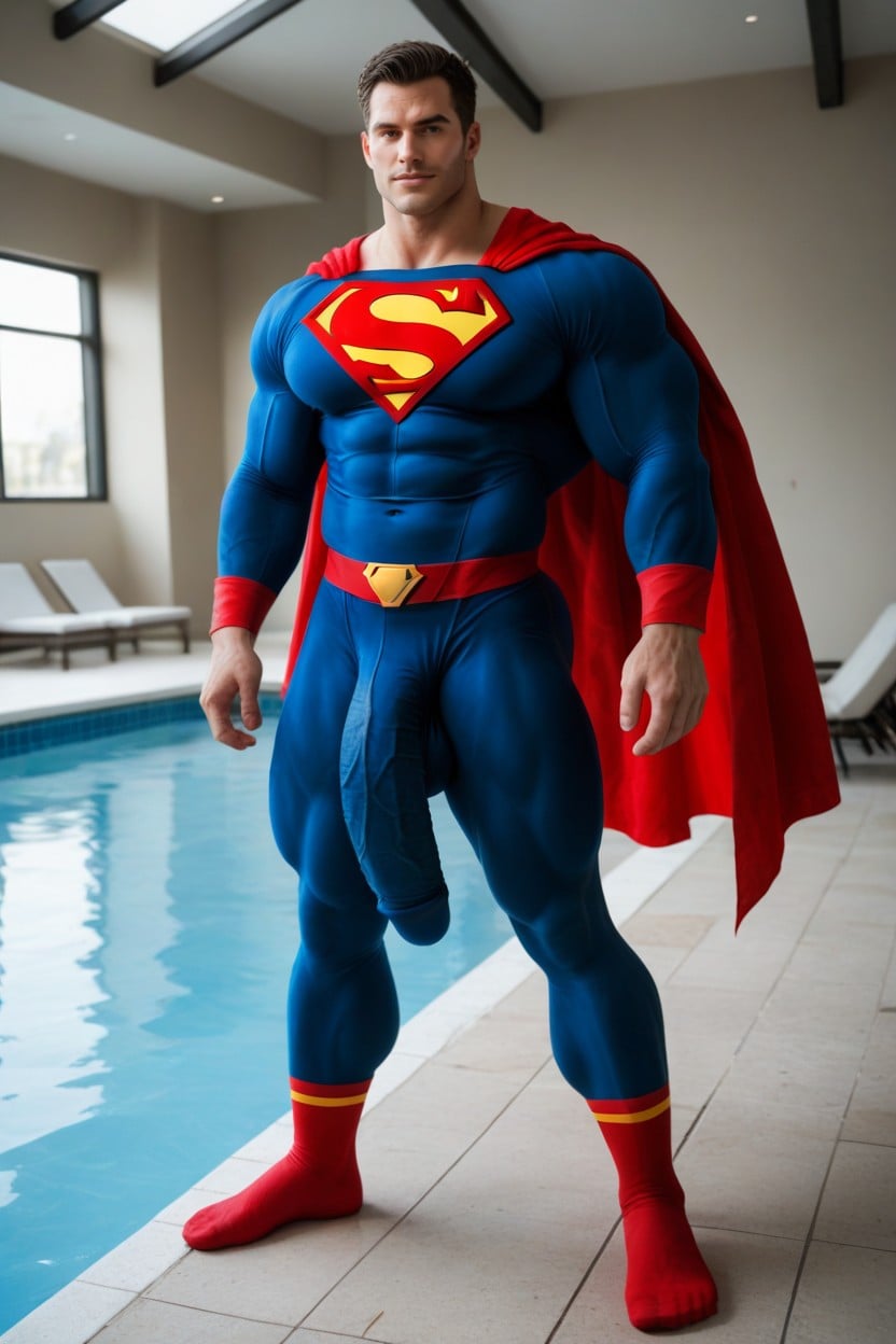 Waist Shot, Extremely Muscular Smirking Man In Superman Costume, Impossibly Long Hyper Penis AI Gay Porn