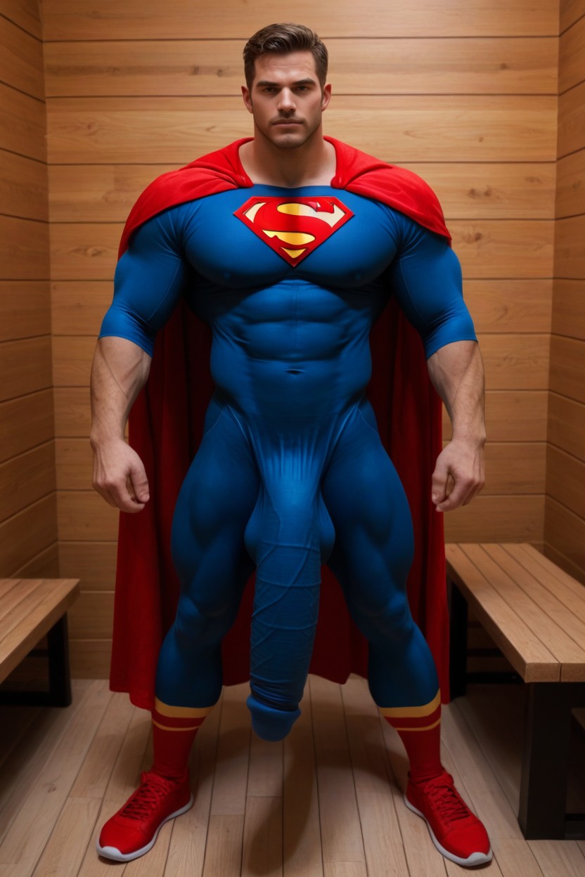 Ultrarealistic Hyper Bulge, Red Cape, Blue And Red Suit Porno gay IA
