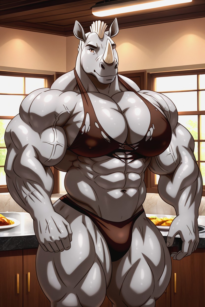 Underboob, 18+, Pretty Face With Rhino Horn Cooking Furry AI Porn