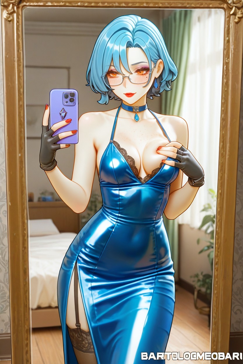 Phone, Black_gloves, Curtains Hentai AI Porn