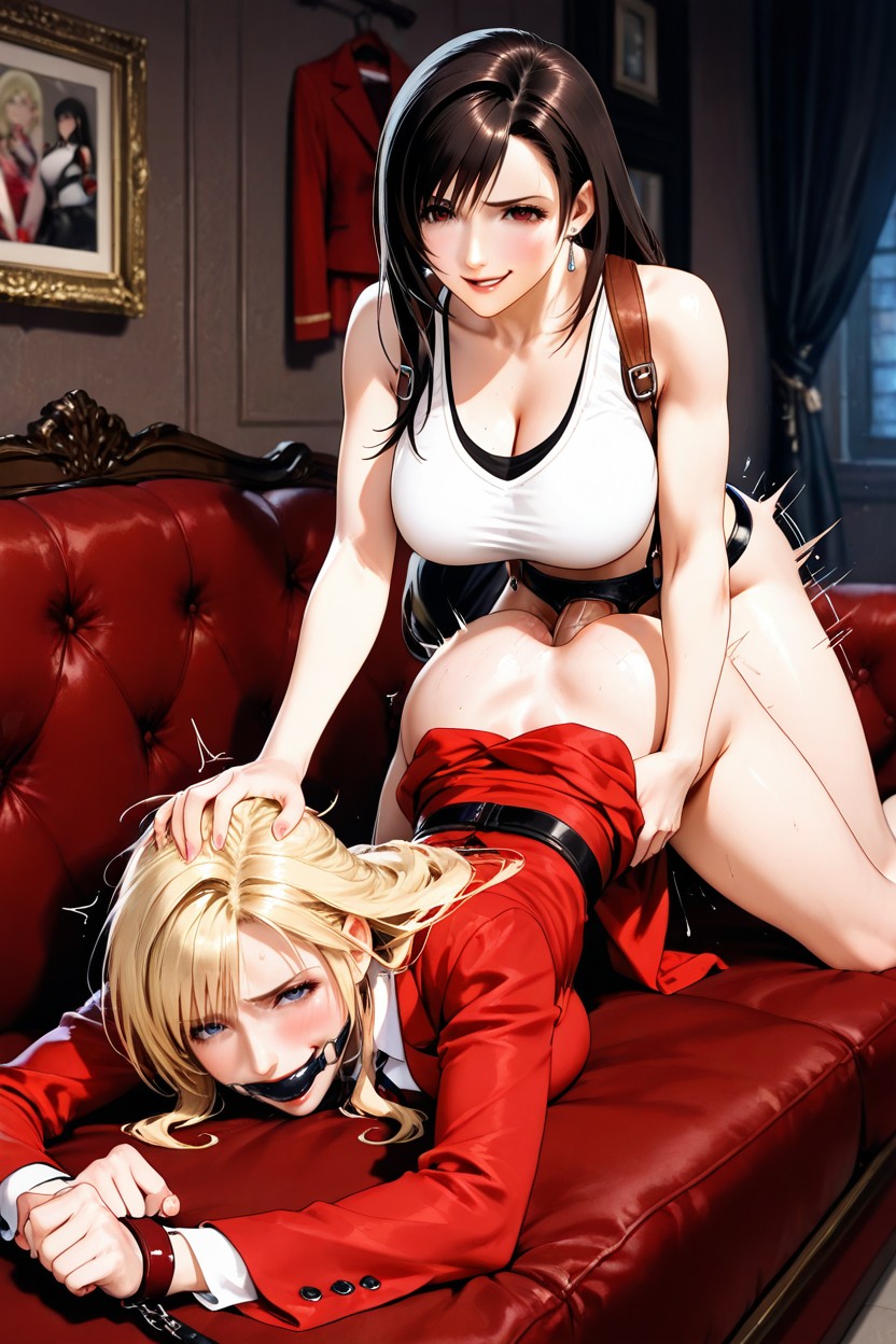 Lying On The Stomach, Blonde Hair, Wearing Red Office Dress Hentai AI Porn