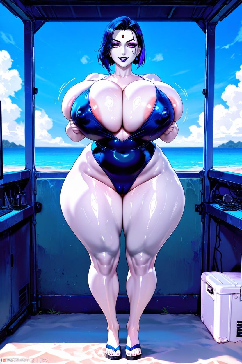 Soft Squishy Breasts, Swimsuit With Low Plunging Neck-line, Light Blue Day Sky AI Porn