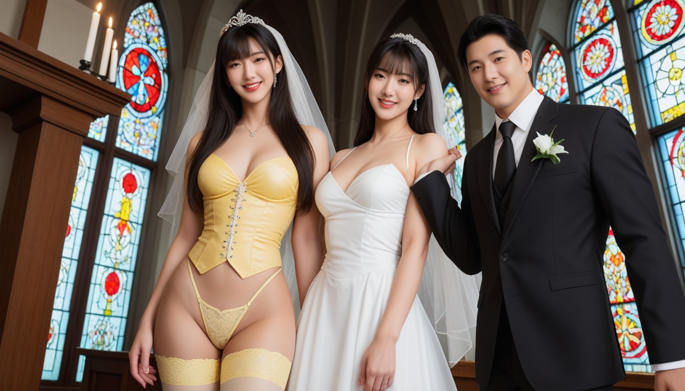 Yellow Garters, Église, A Beautiful - Korean Bride With Long Porno IA Asiatique