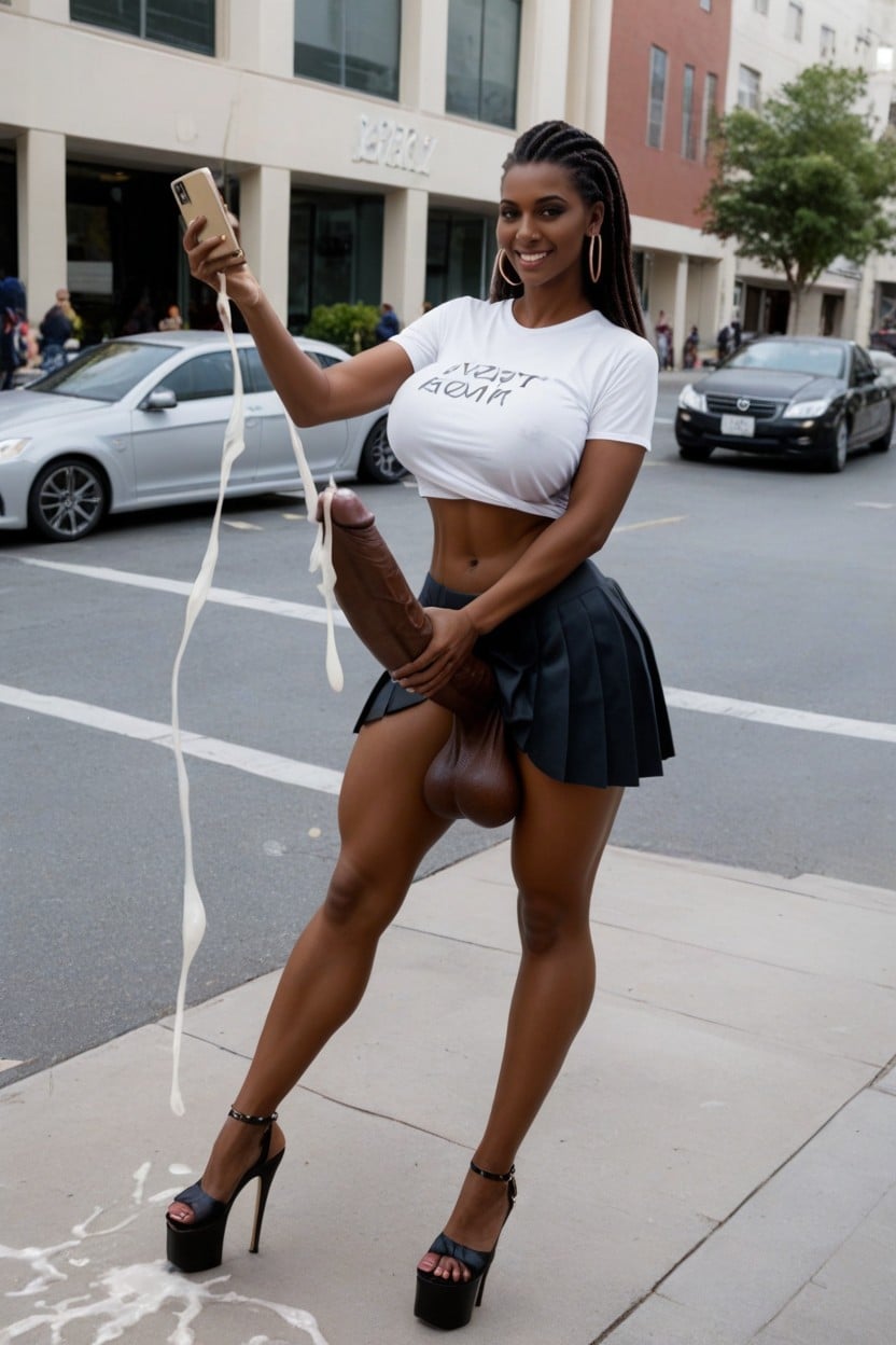 Erect Penis, Cropped T-shirt, City Street Shemale AI Porn