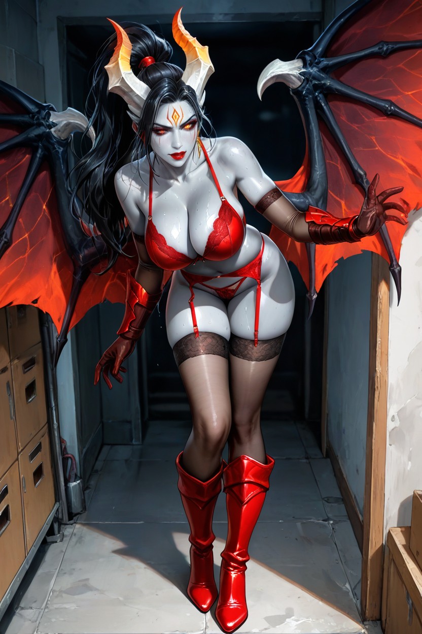 Blue Gray Skin, Akasha From Dota, Dark Gray Demon Wings Hentai AI Porn