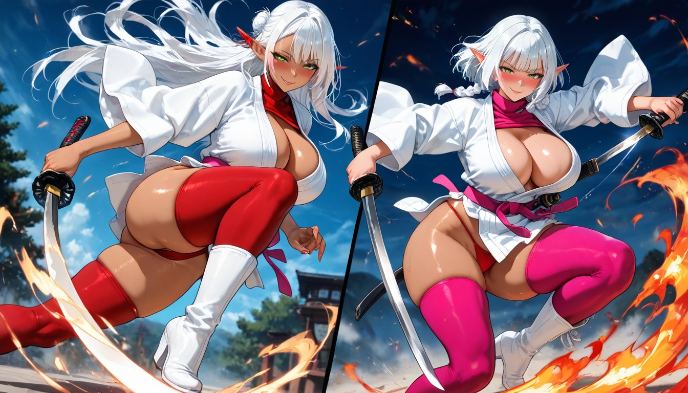 White Hair, Large Breast, Hair Bangs Yellow Hentai AI Porn