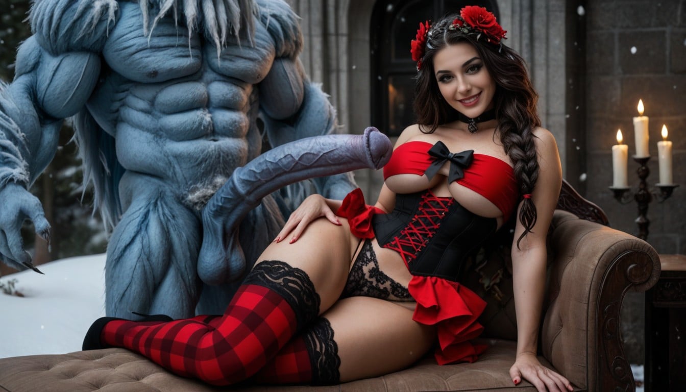 Dark Red Lace Tartan Corset, Looking At The Viewer, Medium Breast AI Porn