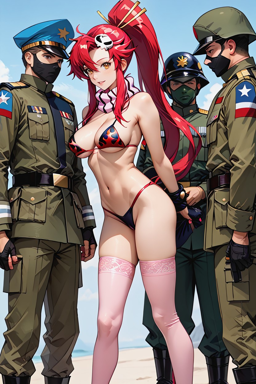 Pink Lace Stockings, Looking At Camera, Soldier Man Violently Pulling Yoko Littner’s Bikini Top Down Hentai AI Porn