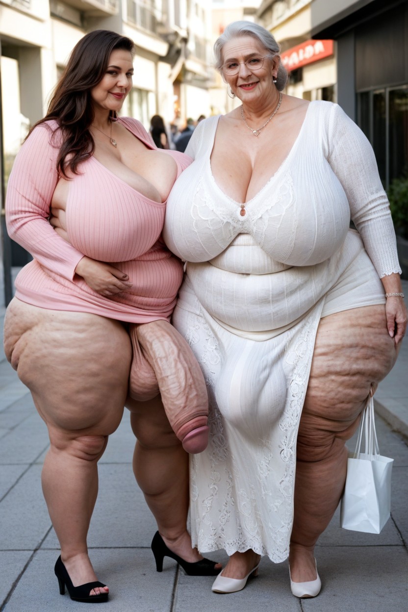 Standing Next To Bigger Grandma, Extremadamente Pesado En La Parte Inferior, Sonriendo Porno IA