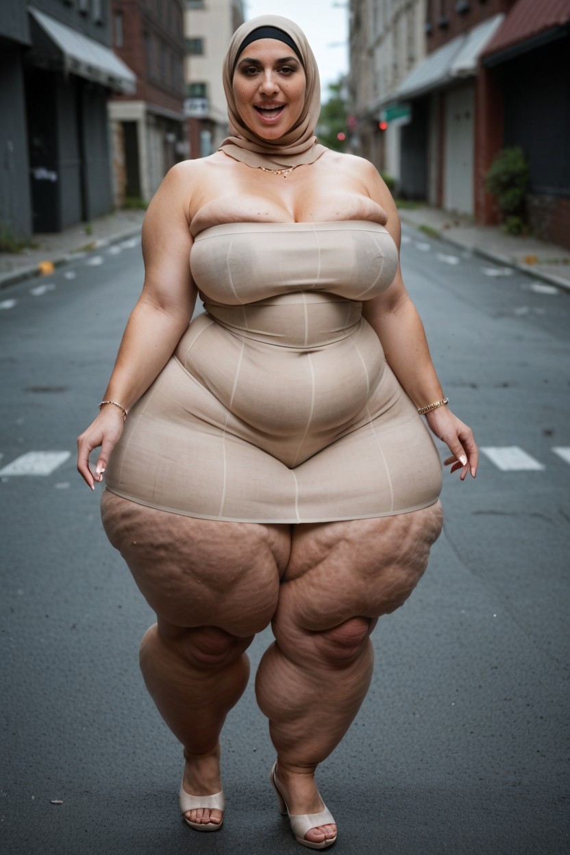 Cellulite Gigantic Thighs, Beige Translucent Skirt, Full Body AI Porn