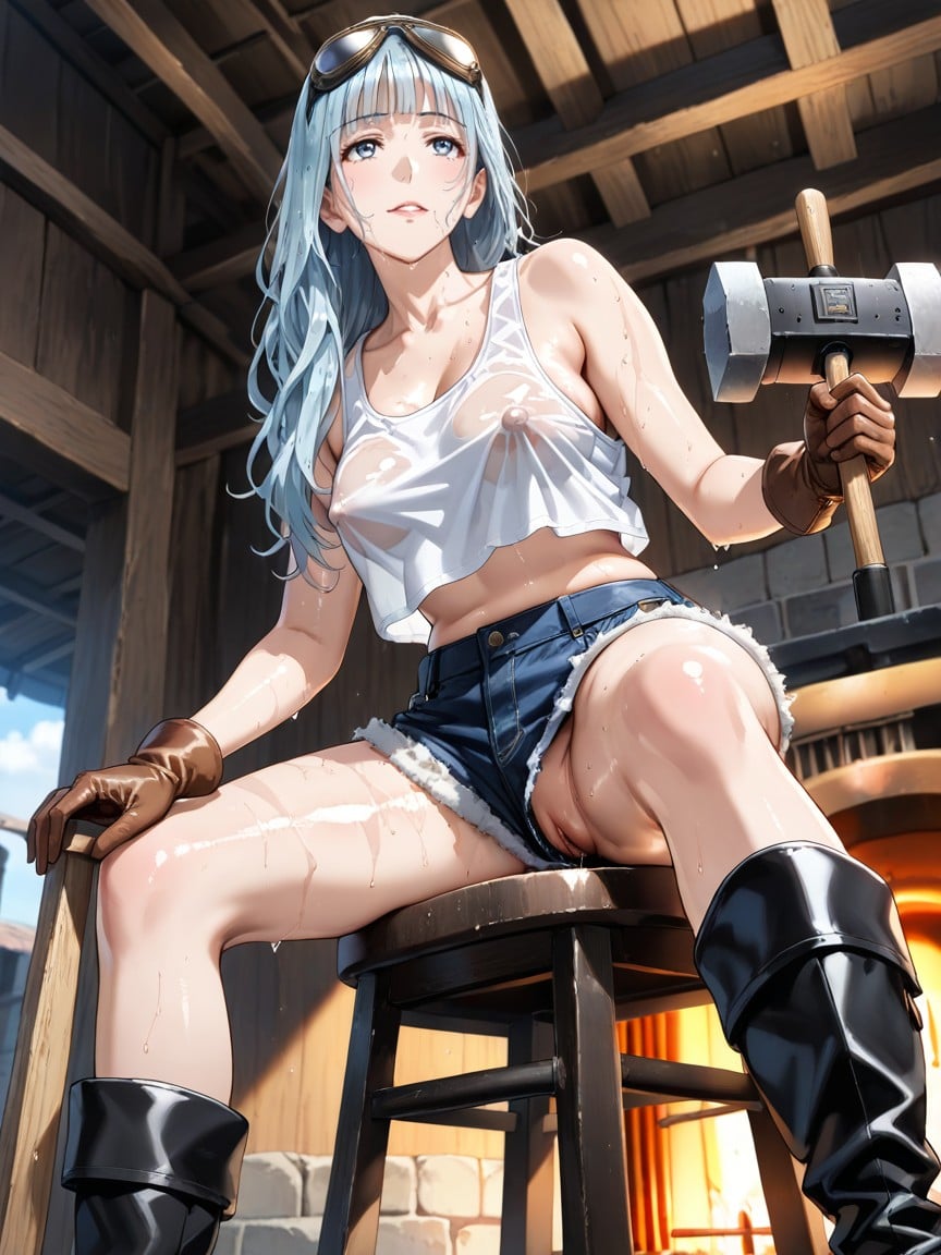 Sweat Dripping, Loose Leather Boots, Shiny Body Hentai AI Porn