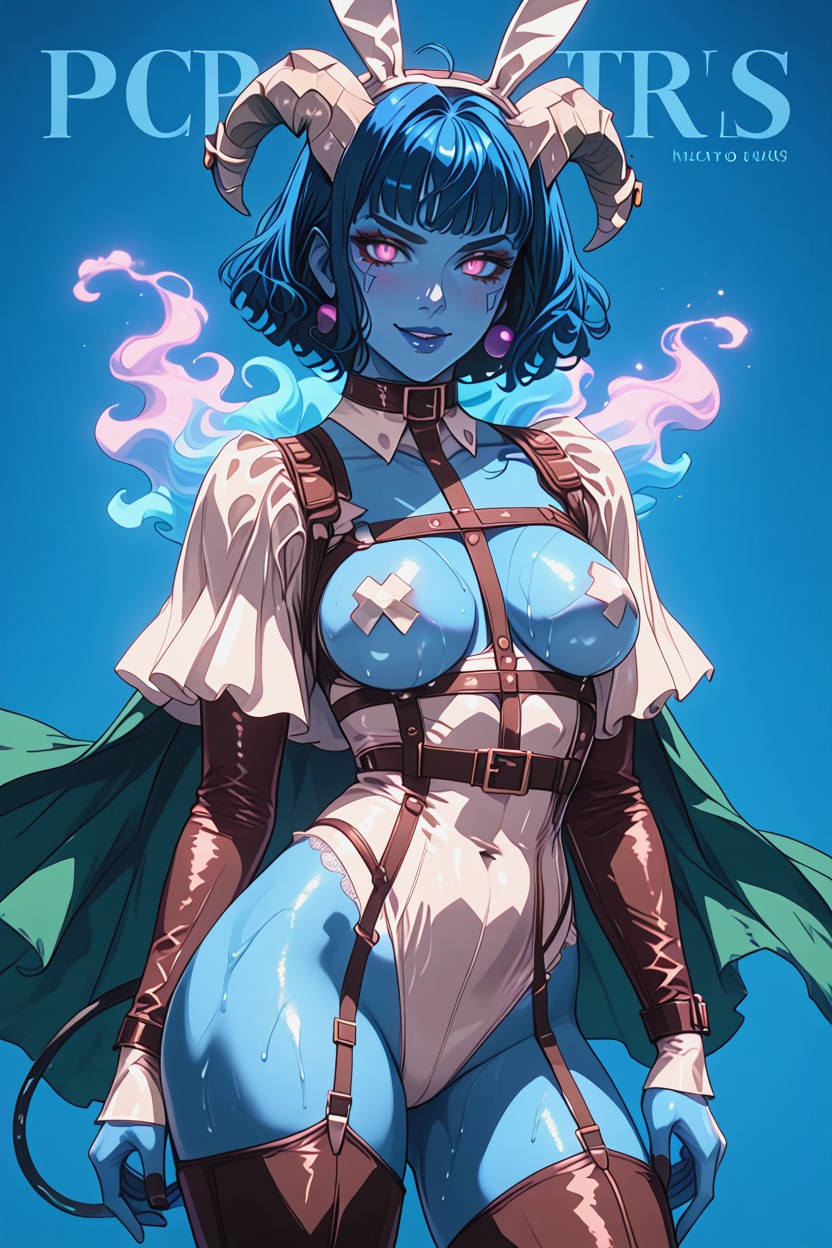 Demon Tails, Blue Body, She Wears A Long Green Cape Hentai AI Porn