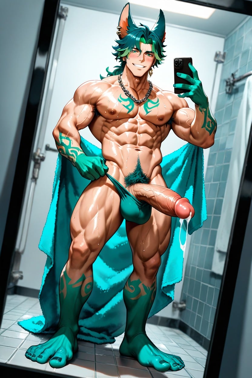 Armpit Hair, Sonriendo, Holding Towel Porno gay IA