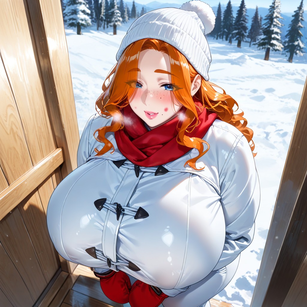 Winter Landscape, Standing On Wooden Porch, Bulky Oversized White Puffer Coat Hentai AI Porn
