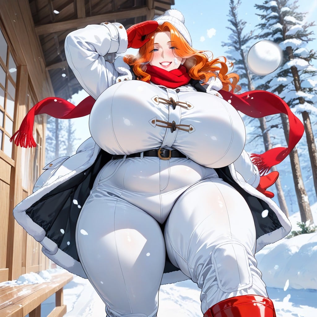 Flying Snow Particles, Motion Blur On Arm And Snowball, Laughing Eyes Hentai AI Porn