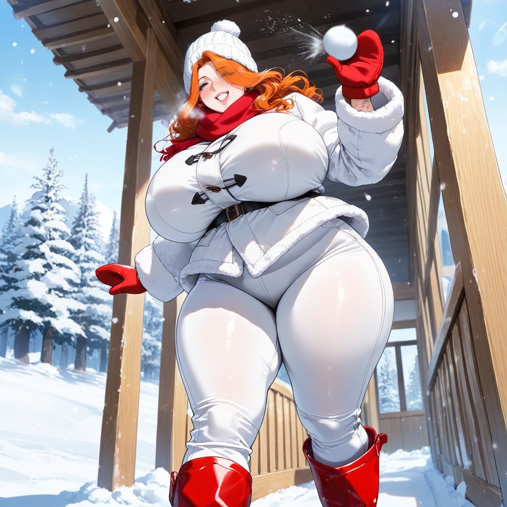 Freckles Covering Face, Full Pink Lips, Insulated Red Snow Boots Hentai AI Porn