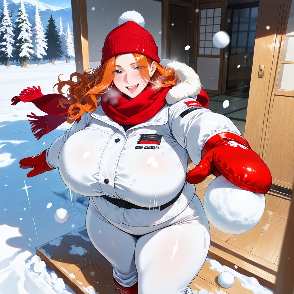 Milf, Bbw, Large Red Scarf Covering Lower Face Hentai AI Porn