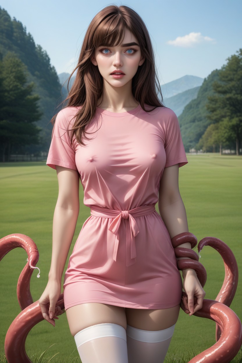 Pink Dress, Grassy Field, Beautiful Model Facial Features Porno IA