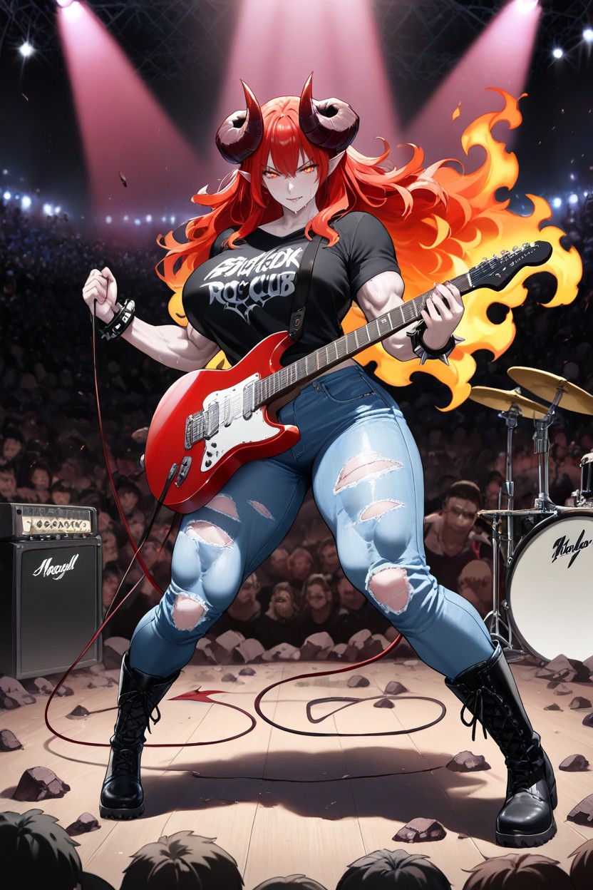 Red-black Curved Horns, Spiked Wrist Bands, Dynamic Performance Pose Hentai AI Porn