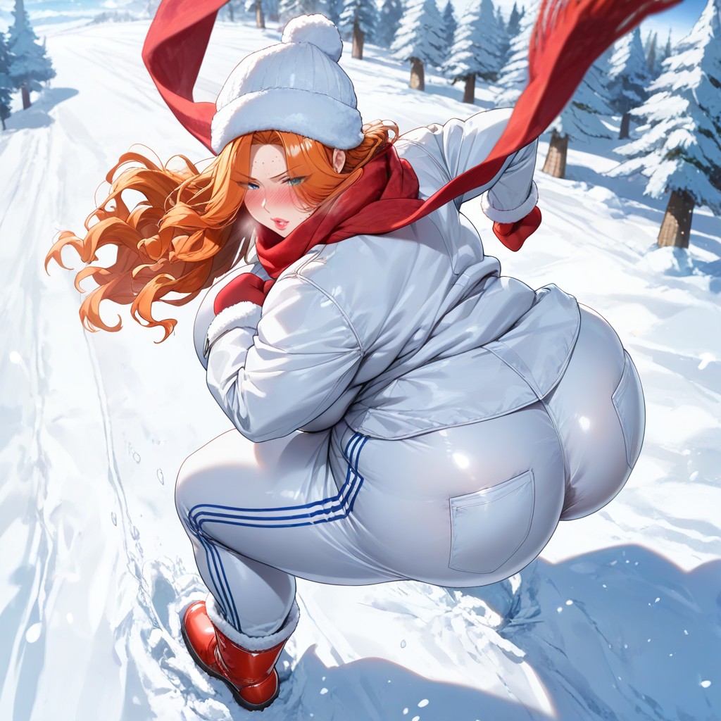 Large Red Scarf Covering Lower Face, Snowball Just Leaving Mittened Hand, Only Eyes Visible Hentai IA