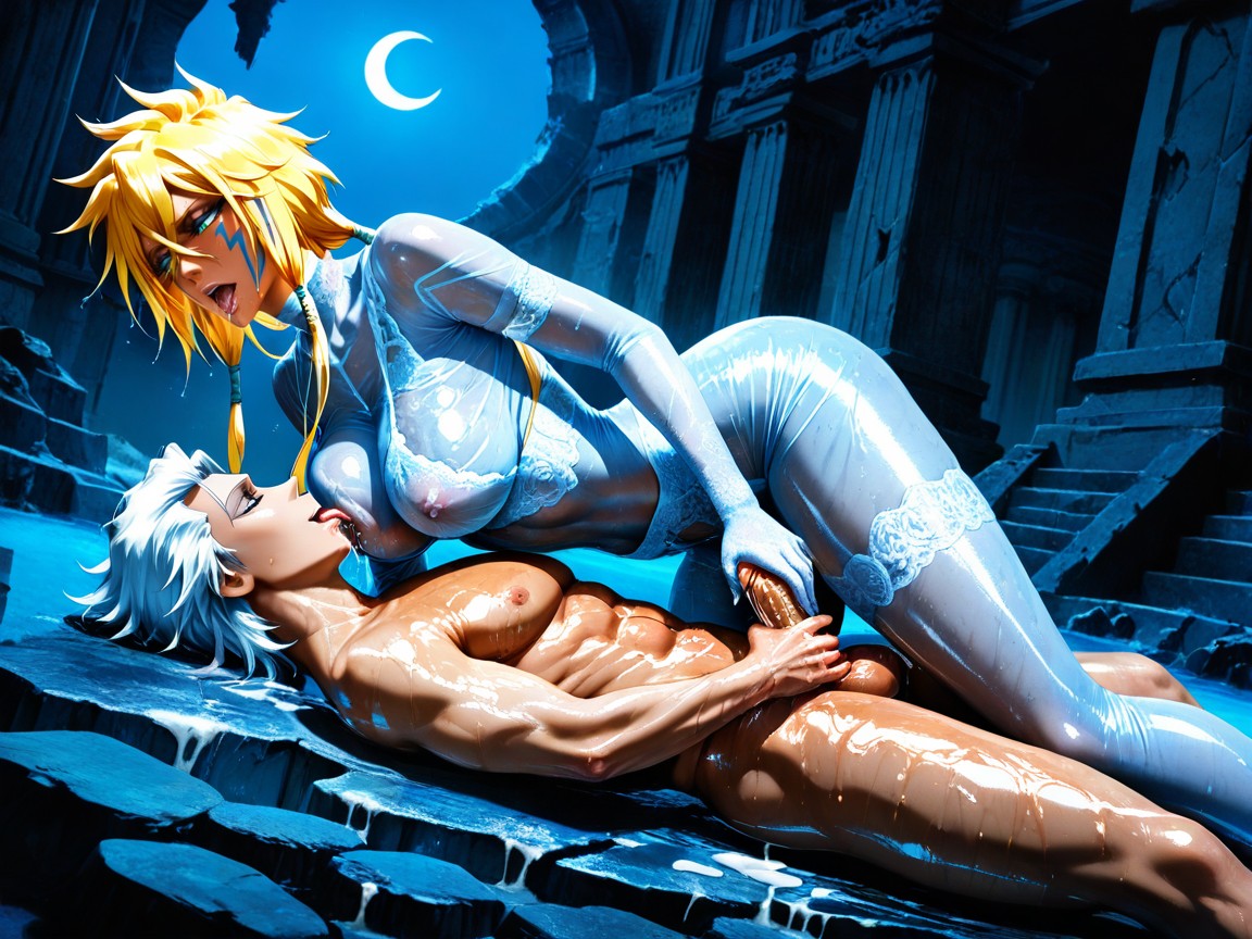 Woman With Blonde Hair And Green Eyes And Pink Glossy Bimbo Lips, Arched Back, Hitsugaya Toshiro From Bleach 헨타이 AI 포르노