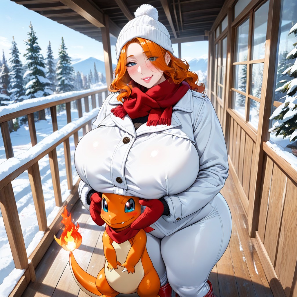Full Pink Lips, Large Red Scarf Covering Lower Face, Smiling Mouth Open Hentai AI Porn