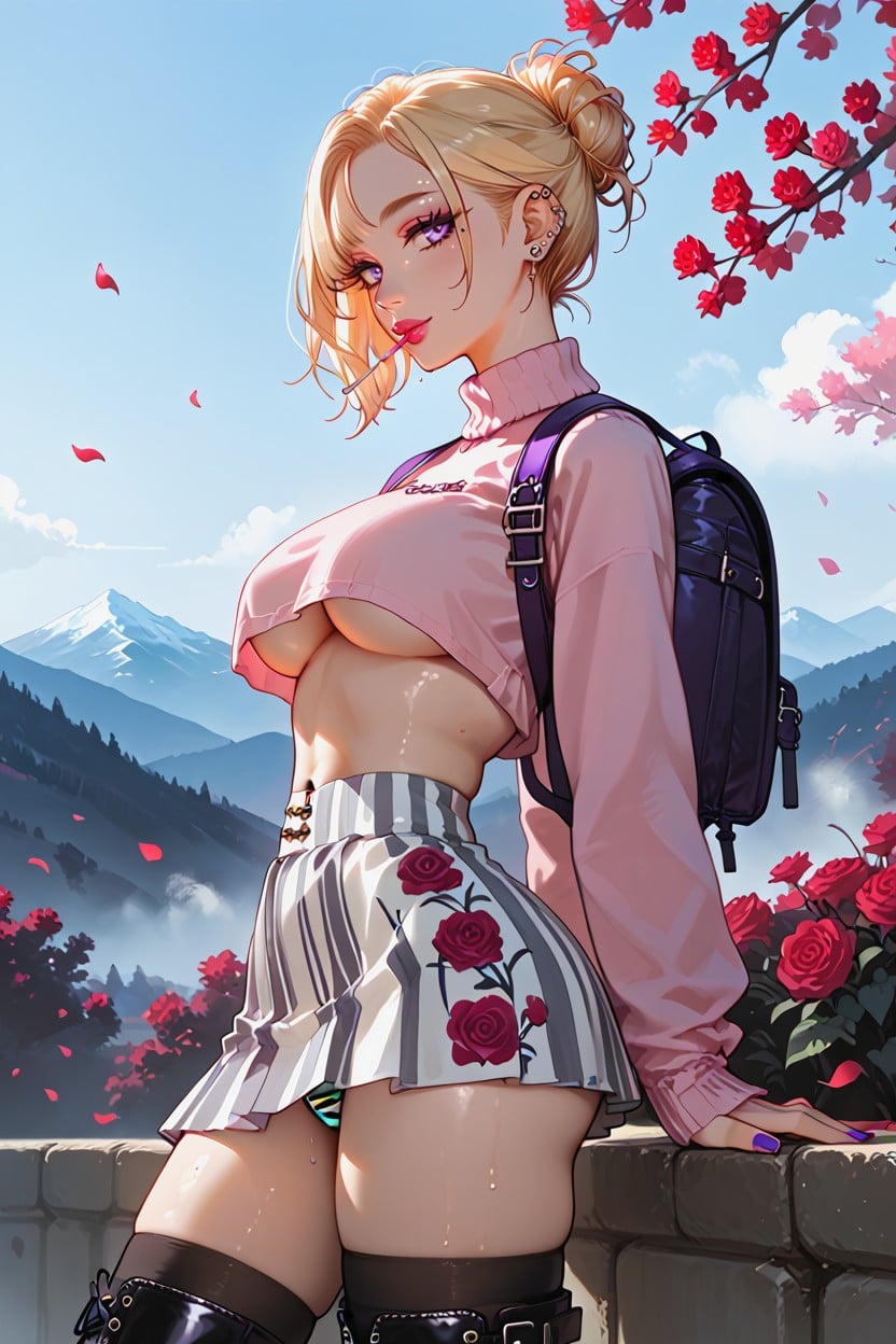 Morning Light Ambience, Light Fog, Under Boobs Oversize Pink Knit Sweater Hentai AI Porn