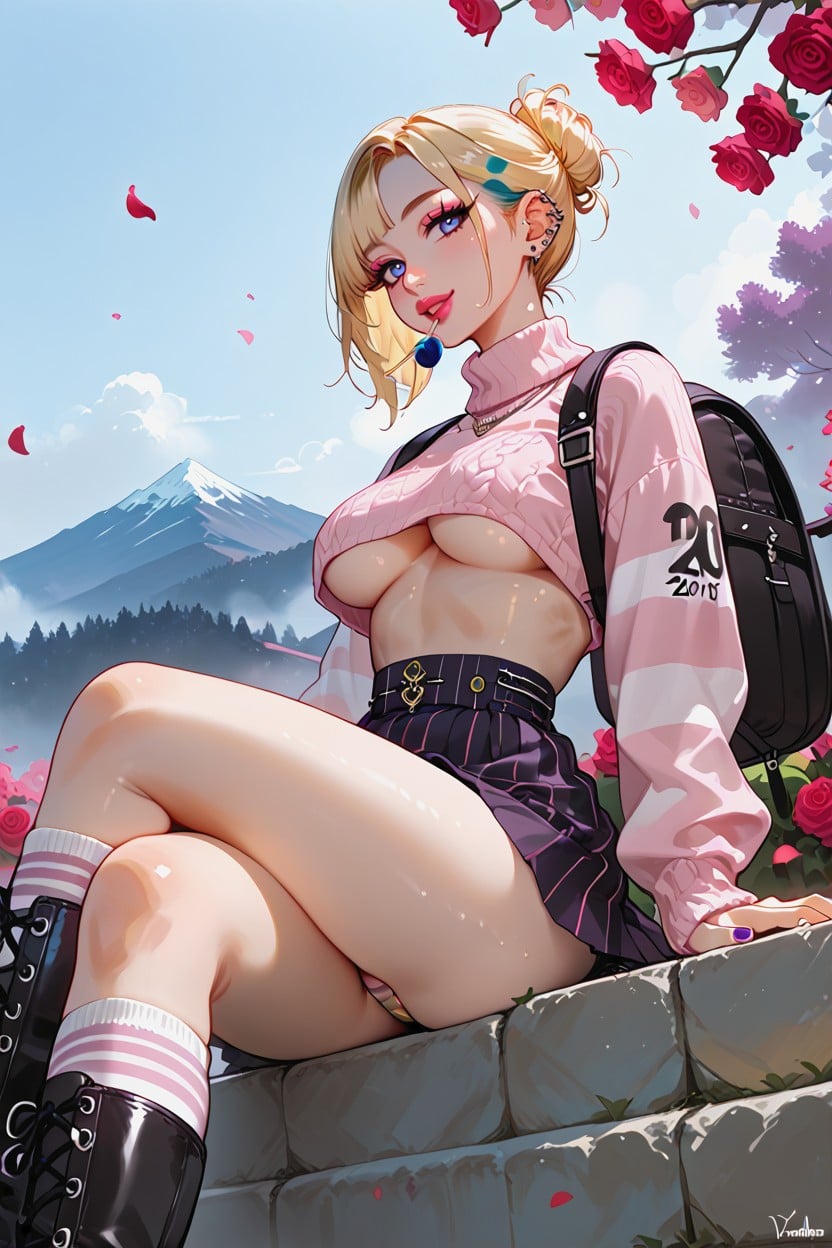 Blonde Wavy Bob Haircut With Pink And Blue Highlights, 25+, Morning Light Ambience Hentai AI Porn