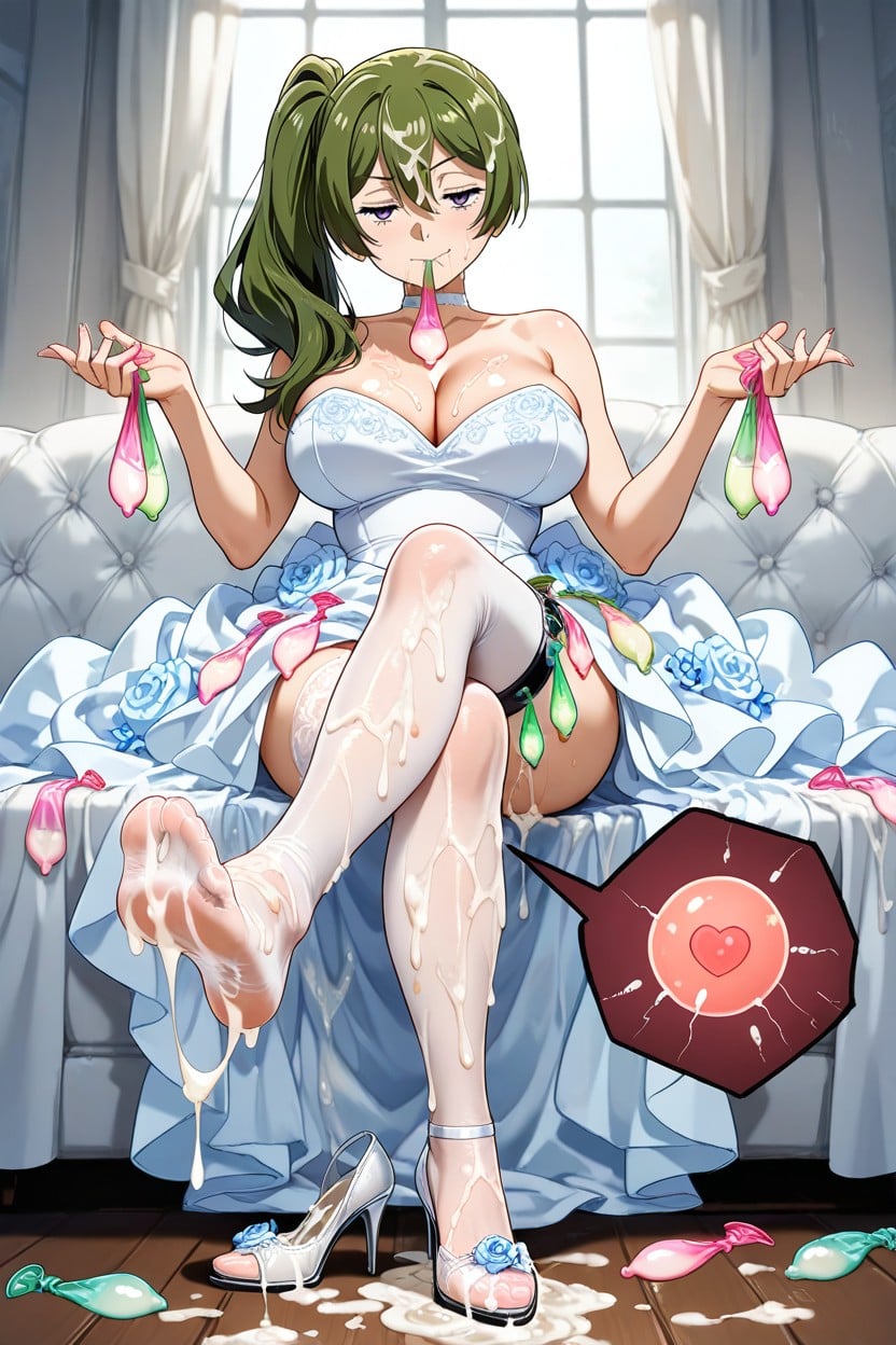 Skinny, Floral Embroidered Wedding Dress With Lace Stockings And Clear Heels, Cum On Clothes Huge Amount Of Cum Hentai AI Porn
