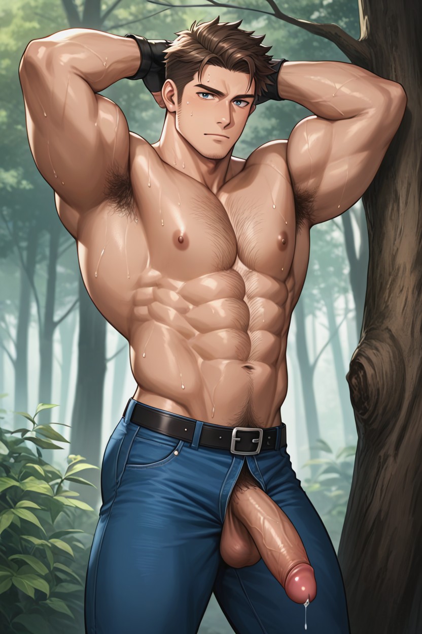 Open Fly, Bodybuilder Body, Wearing Blue Jeans Porno IA Gay