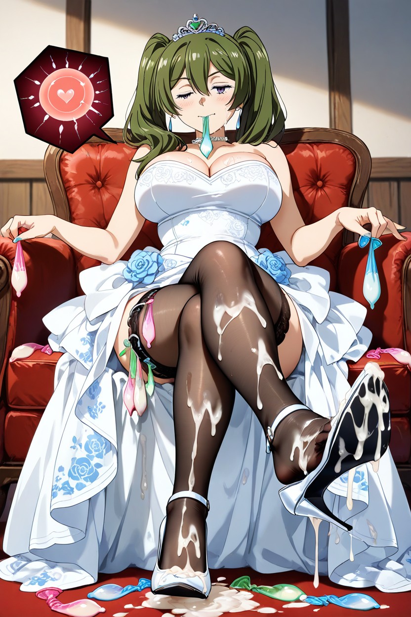 Drinking Semen, Foot Inside Semen Soaked High Heels, Floral Embroidered Wedding Dress With Lace Stockings And Clear Heels Hentai AI Porn