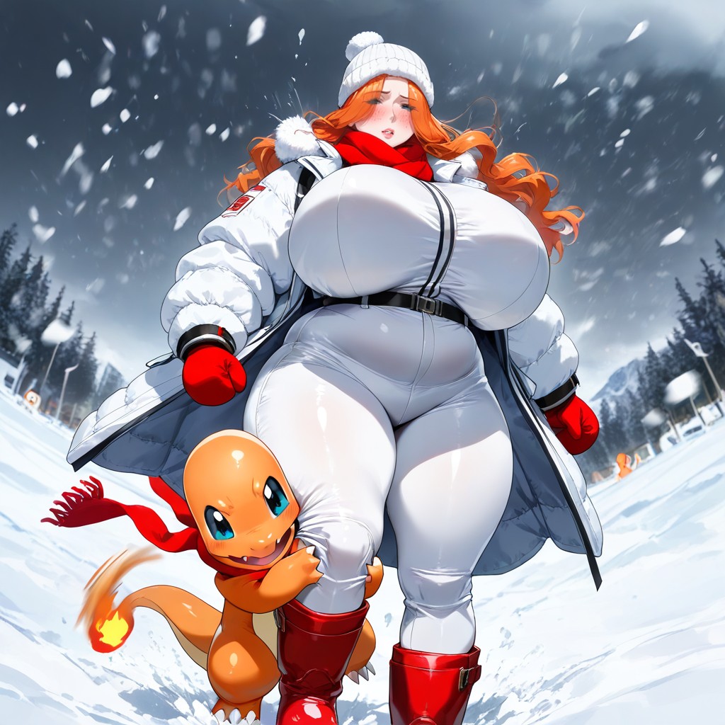 Bright Red Cheeks, Bulky Oversized White Puffer Coat, Only Eyes Visible Hentai AI Porn