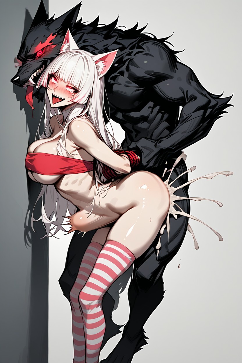 Grinning, Covered In Cum, White And Pink Stripes Hentai AI Porn