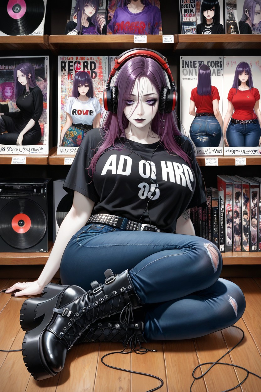Side View, Wooden Floor, Resting Against A Record Shelf Hentai AI Porn