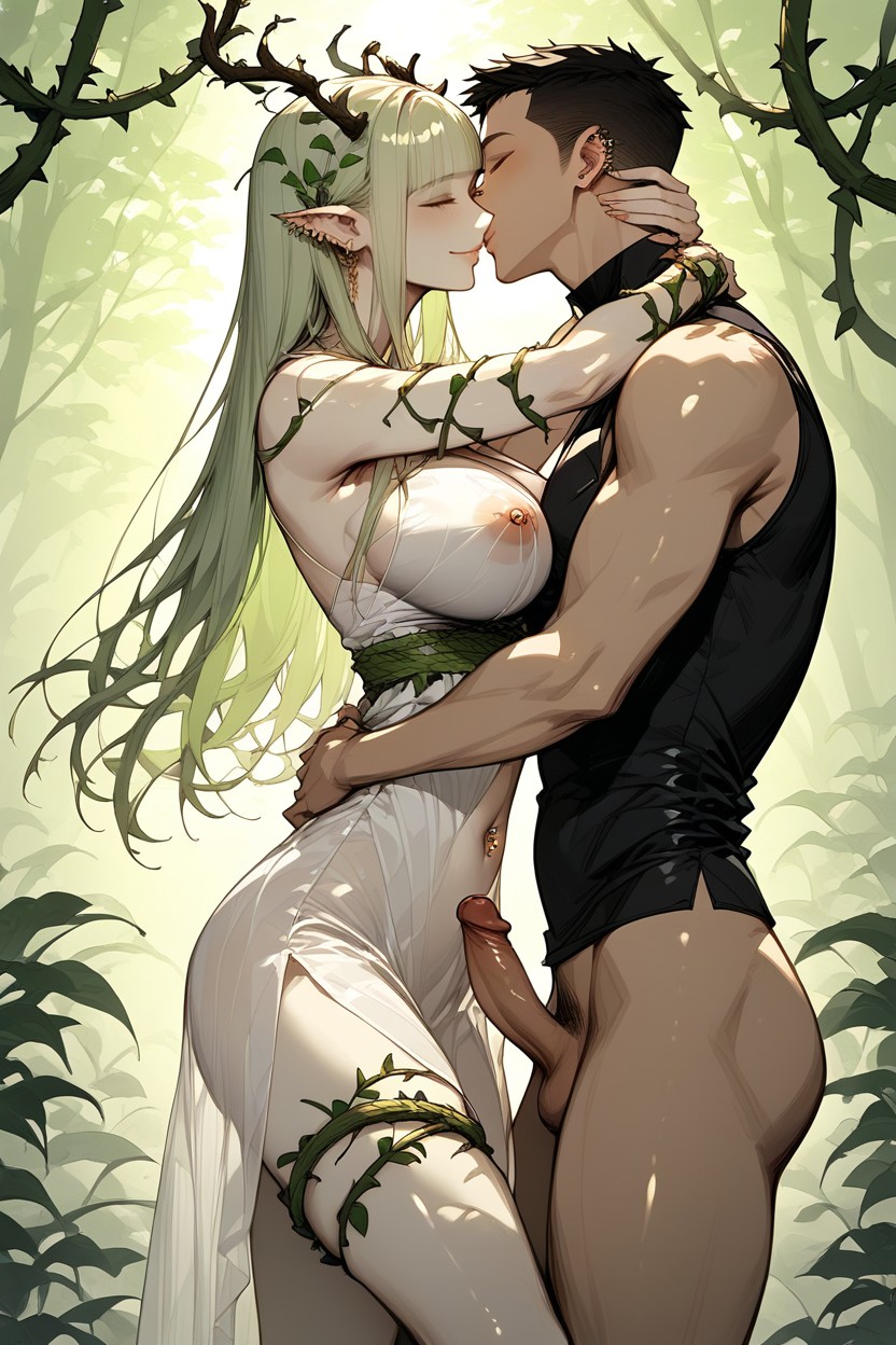 Light Green Hair, Ivy Vines Wrapped Around Arms, Ivy Vines Wrapped Around Thighs Break Clothed Man Wearing Shirt And Jean Pants Hentai AI Porn