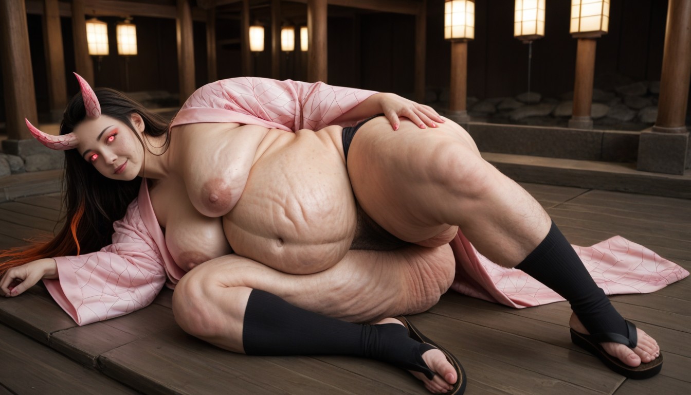 Cum Everywhere, Open Toed Socks, Wearing A Light Pink Kimono With An Pink Asanohahemp Leafpattern AI Porn