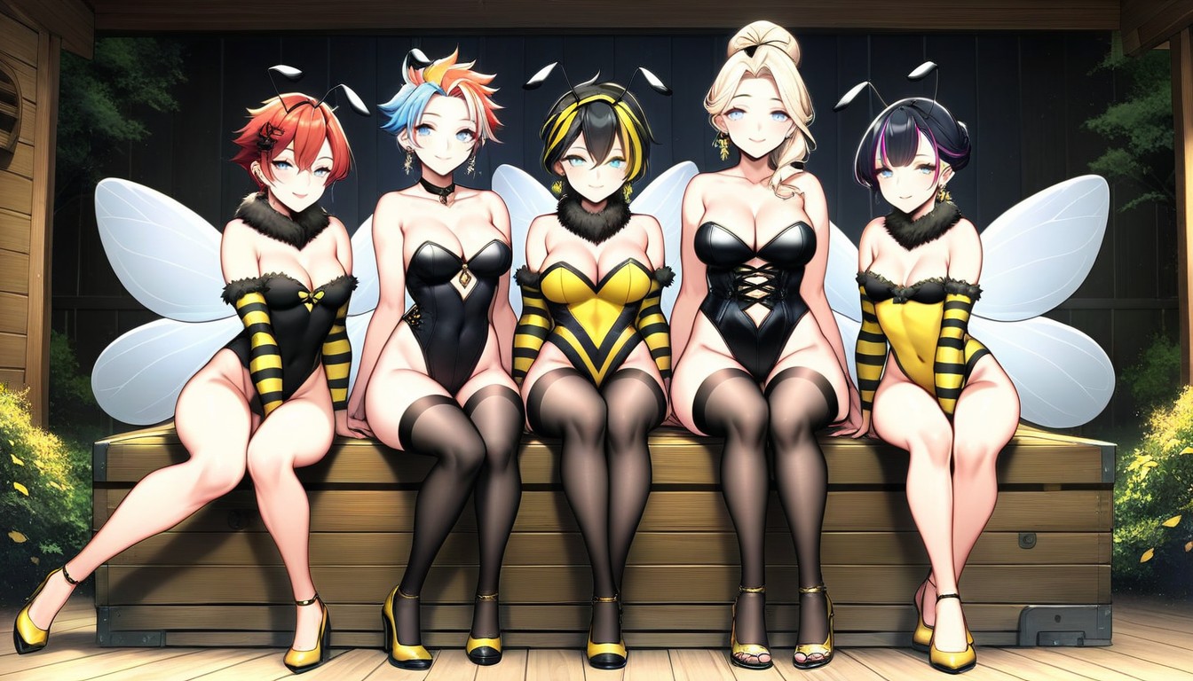 Harem, Rainbow Colored Hair, Shoulder Length Hair AI Porn