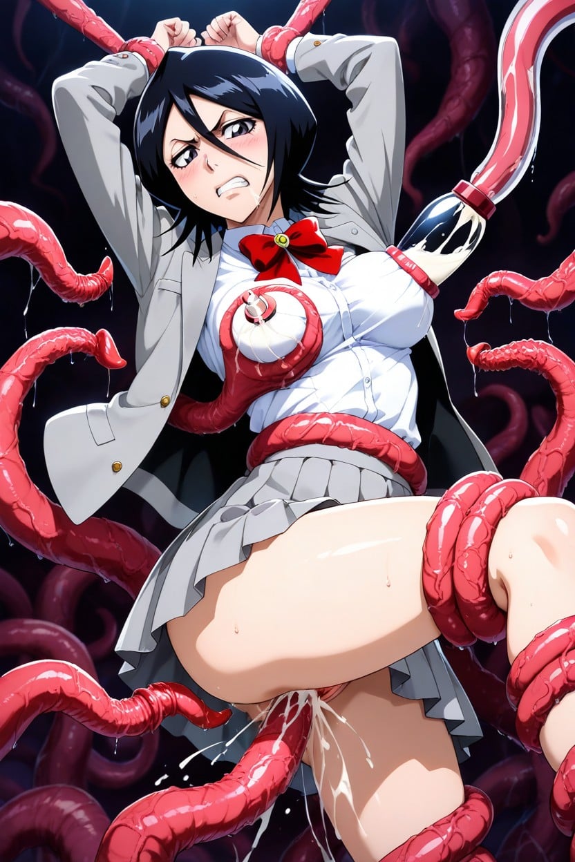 Tentacles Grabbing Breast, Disgusted, Red Ribbon Bow Tie Hentai AI Porn
