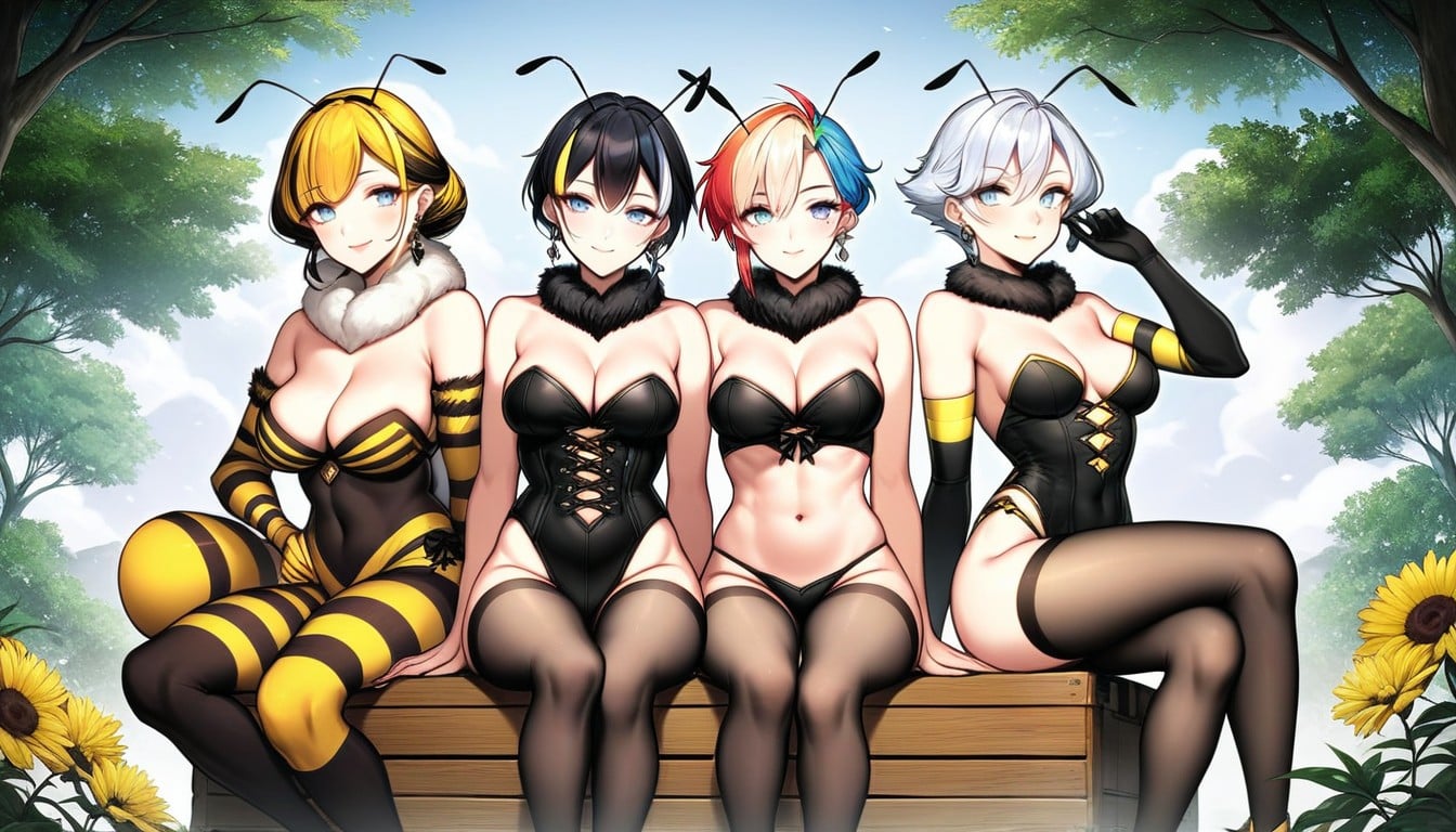 Earrings, Rainbow Colored Hair, Bee Women AI Porn