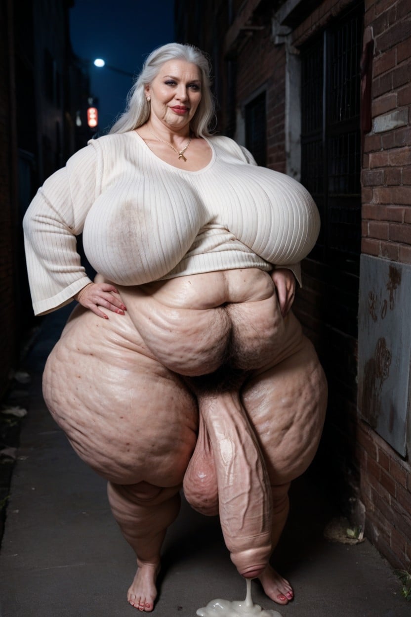 Outdoors, Hyper Fat Body, Hyper Hairy Chest Hair Extremely Massive Long Bulge Through Clothing AI Porn