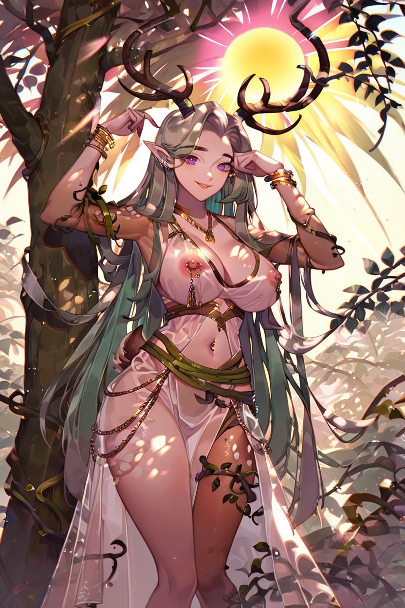 Brown Deer Horns On Head, Pointy Ears, Forest Hentai AI Porn