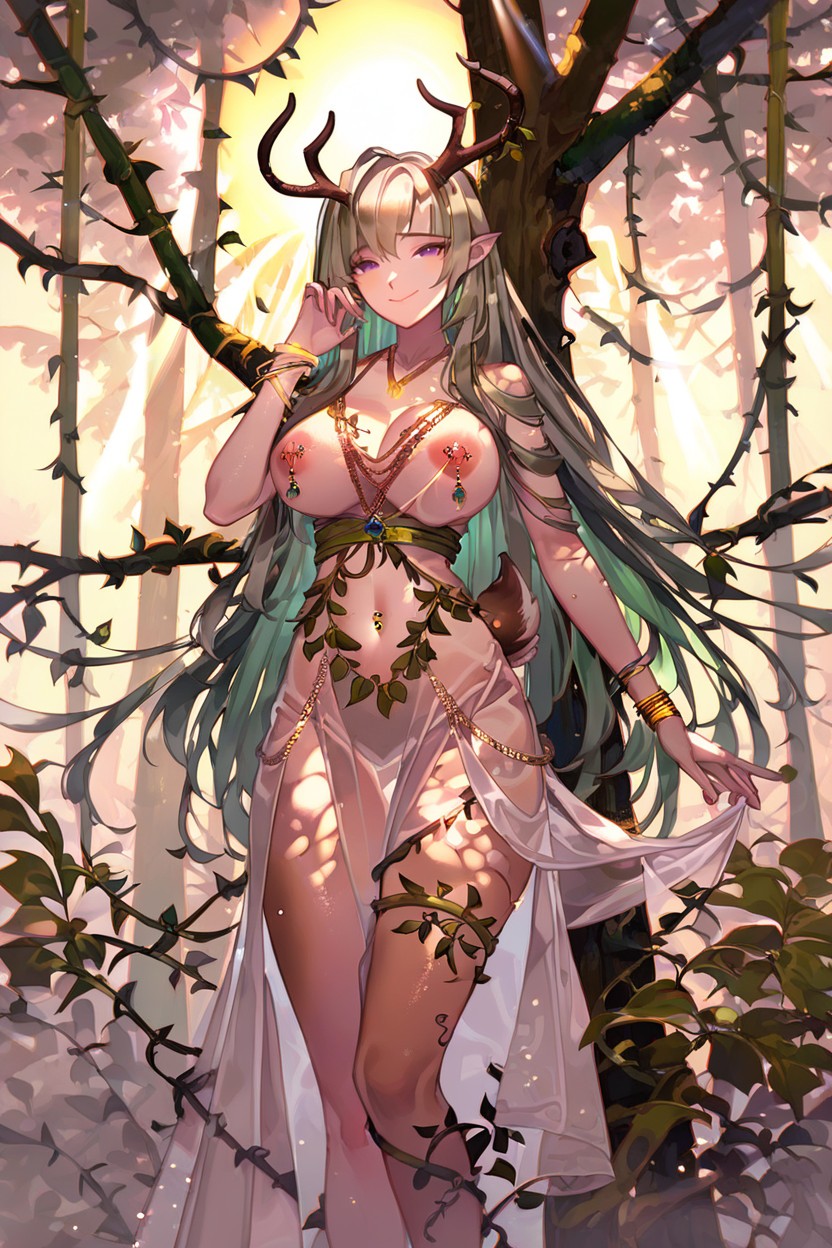 Exposed Navel, Brown Deer Horns On Head, Sun Shining Through Leaves Of Forest Canopy Creatingdappled Sunlight Rays Hentai AI Porn