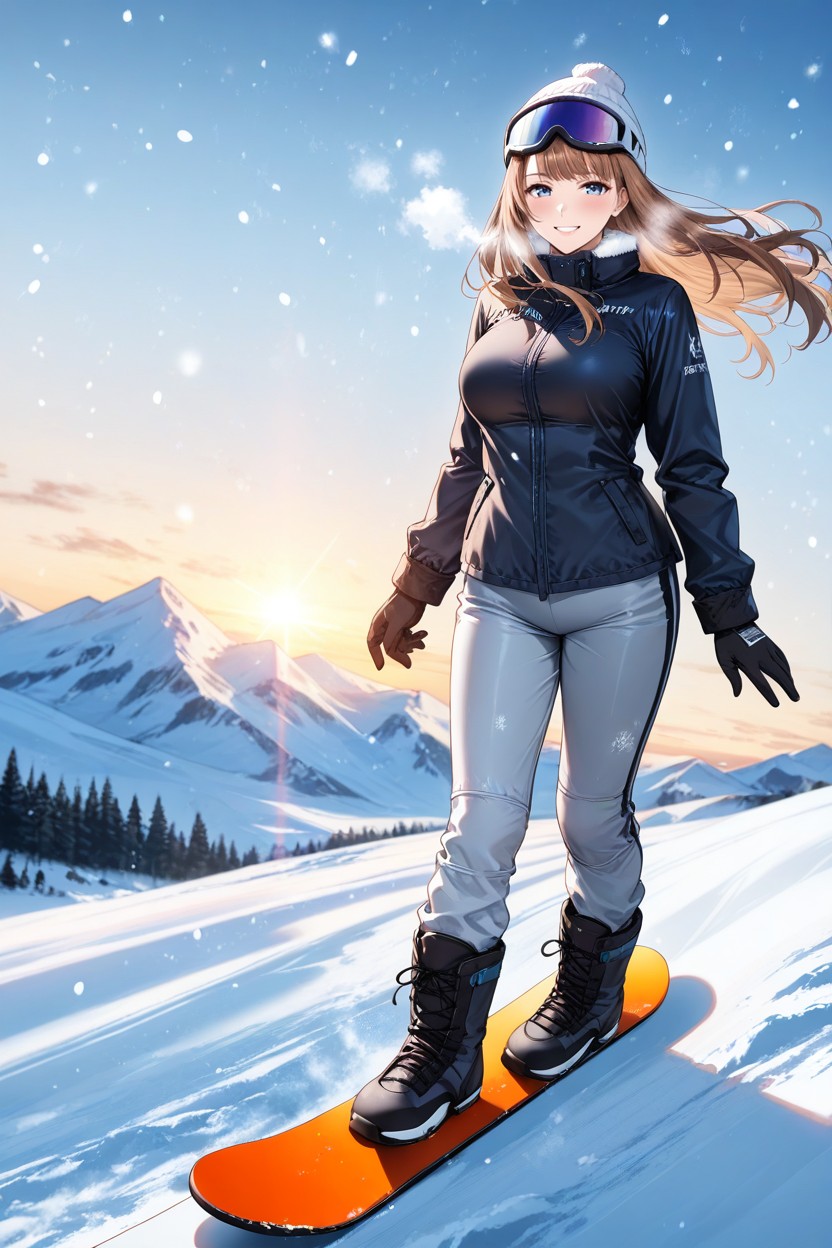 Light Brown Ski Jacket, Side View, Ski Goggles On Forehead Hentai IA