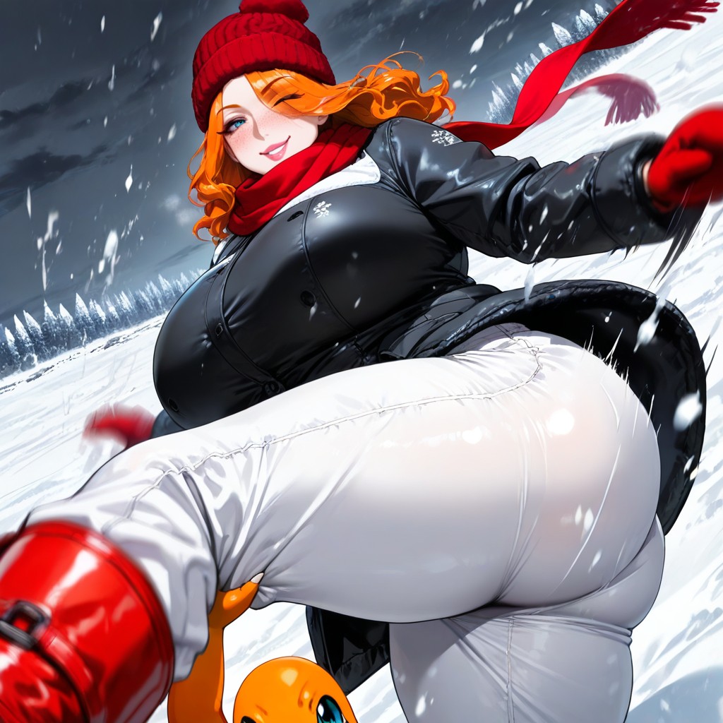 Dark Gray Sky, Slightly Parted Lips, Woman Fighting Through Blizzard Hentai AI Porn