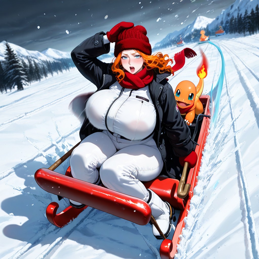 Snow Forming Arc Behind, Insulated Red Snow Boots, Sled Runners Cutting Snow Hentai AI Porn