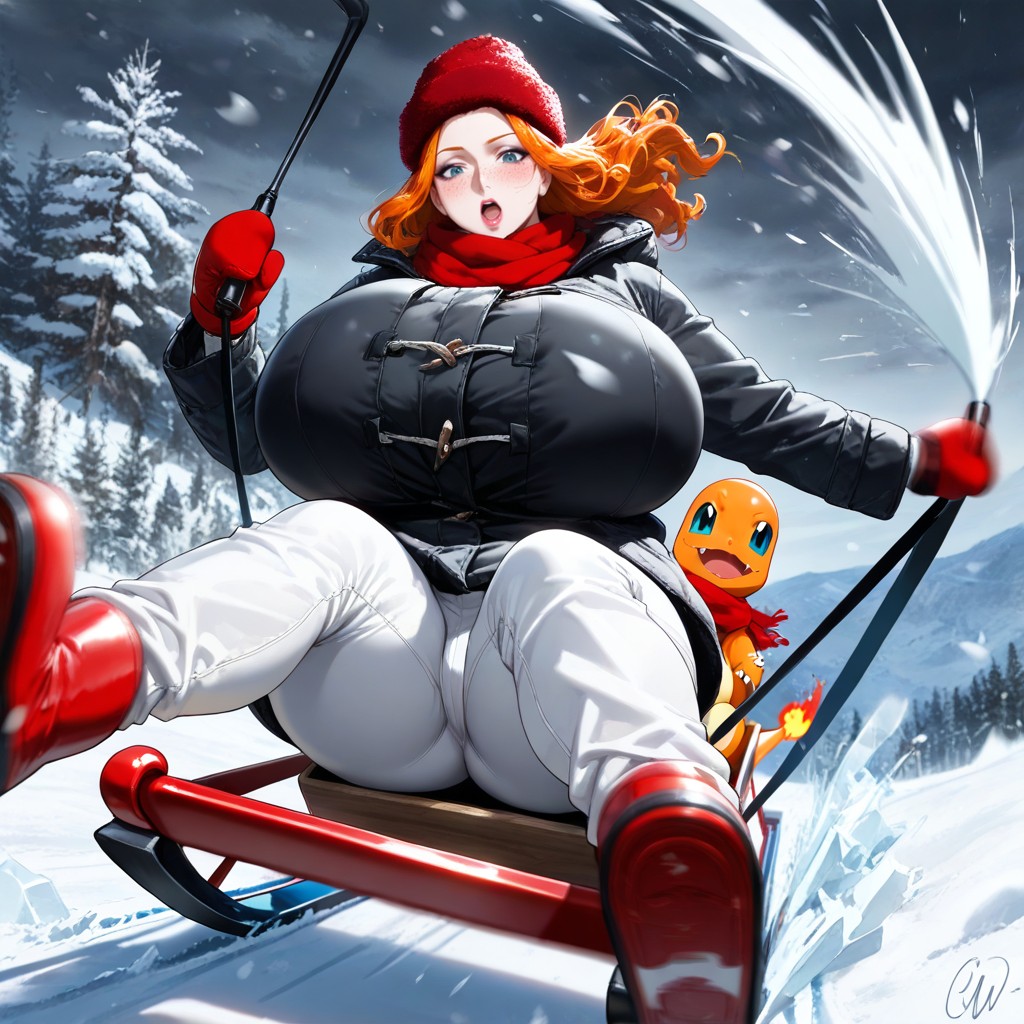 Bright Red Cheeks, Dynamic Weather, Legs Extended Outward Hentai AI Porn